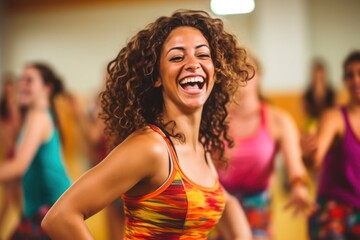 close up of smiling women with coach dancing zumba in gym or studio. fitness, sport, dance and...
