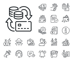 Credit card sign. Cash money, loan and mortgage outline icons. Money change line icon. Bank payments symbol. Money change line sign. Credit card, crypto wallet icon. Inflation, job salary. Vector