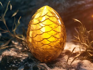 a broken Golden yellow color glowing chicken egg. Resembles a dragon egg. Rebirth or birth concept.Selective focus Illustration Generative AI