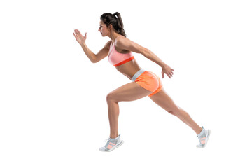 Fototapeta premium Female athlete in position to start running - isolated on transparent background