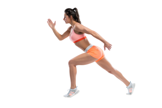 Female athlete in position to start running - isolated on transparent background