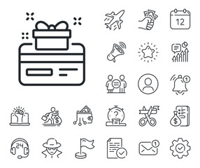Bonus points. Salaryman, gender equality and alert bell outline icons. Loyalty card line icon. Discount program symbol. Loyalty card line sign. Spy or profile placeholder icon. Vector