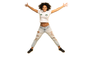Full length portrait of a cheerful young african woman celebrating success while jumping isolated on transparent background