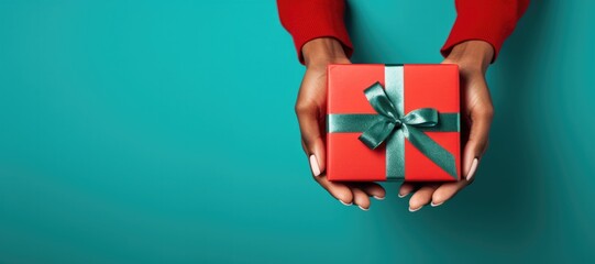 Hands Giving a Christmas or Valentines Day Holiday Present on a Teal Background with Space for Copy