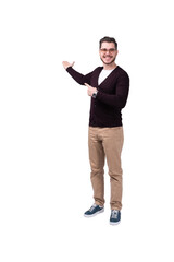 full length portrait of a young casual man presenting something in the back isolated on transparent background © opolja