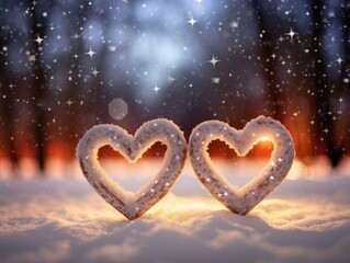 heart of the stars. Two heart-shaped figures made from snow in a beautiful snow and bokeh background. Perfect for a winter romance. The image will evoke feelings of love and joy Illustration