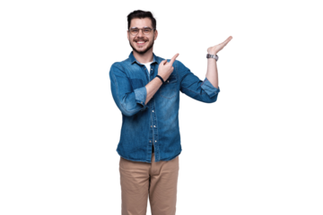 smiling young casual man presenting something on transparent background