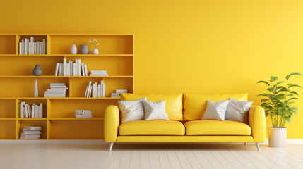 a bright room with yellow walls and white tile floors A tall bookshelf stands in the corner and a large sofa and coffee table are in the center