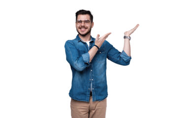smiling young casual man presenting something on transparent background