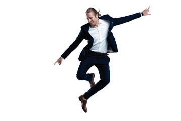 Young successful businessman in suit rejoicing, jumping on transparent background