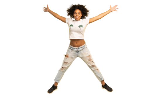 Full length portrait of a cheerful young african woman celebrating success while jumping isolated on transparent background
