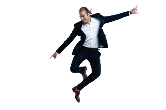 Young successful businessman in suit rejoicing, jumping on transparent background