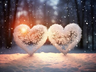 heart of the stars. Two heart-shaped figures made from snow in a beautiful snow and bokeh background. Perfect for a winter romance. The image will evoke feelings of love and joy Illustration