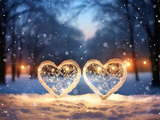 heart of the stars. Two heart-shaped figures made from snow in a beautiful snow and bokeh background. Perfect for a winter romance. The image will evoke feelings of love and joy Illustration