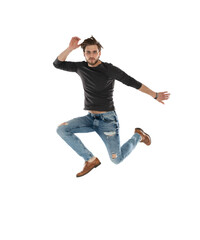 Full size of handsome guy jumping high rejoicing raising fists crazy competitive mood wear casual...