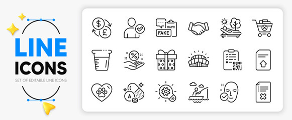 Pets care, Upload file and Lounger line icons set for app include Fake document, Health skin, Remove purchase outline thin icon. Loan percent, Qr code, Sports stadium pictogram icon. Vector - obrazy, fototapety, plakaty
