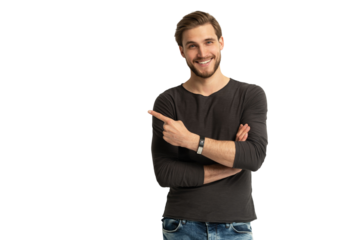 Positive young man pointing aside with fingers hand gesture at copy space advertising product, presenting sale discount standing isolated on transparent