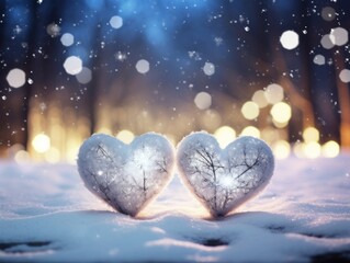 Fototapeta premium heart of the stars. Two heart-shaped figures made from snow in a beautiful snow and bokeh background. Perfect for a winter romance. The image will evoke feelings of love and joy Illustration