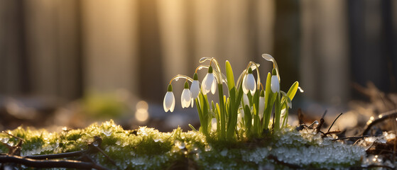 Snowdrops Gleaming in Golden Sunset Light Amidst Melting Snow in Spring Forest - obrazy, fototapety, plakaty