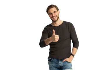 Portrait of cheerful man in casual clothing smiling and showing thumbs up at camera isolated over transparent