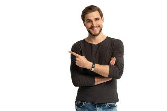 Positive young man pointing aside with fingers hand gesture at copy space advertising product, presenting sale discount standing isolated on transparent