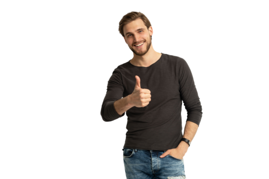 Portrait of cheerful man in casual clothing smiling and showing thumbs up at camera isolated over transparent