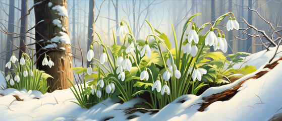 Snowdrop clusters piercing through snow in a sunlit forest - obrazy, fototapety, plakaty