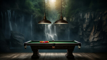 Billiard table against picturesque landscape of serene nature captures tranquil concentration of billiards game symbolizes fusion of strategic pool gameplay with calming influence of outdoors - obrazy, fototapety, plakaty