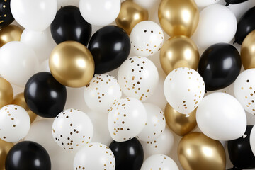 black and gold helium air balloons on white background, celebrate, party.