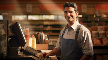 Obraz premium Portrait of cheerful smiling male cashier in grocery store symbolizes friendly customer service and welcoming atmosphere of store, joyful male store clerk happy to help customer