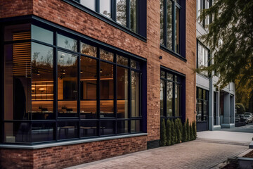Modern Restaurant Facade with Red Brick Accents and dark glass windows