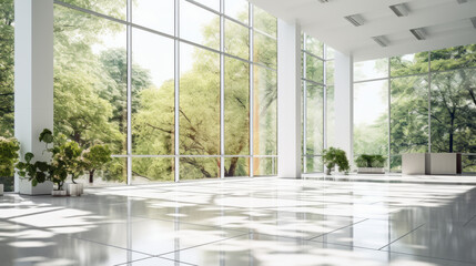 a bright room with a white tile floor and white walls and a large glass window overlooking a garden