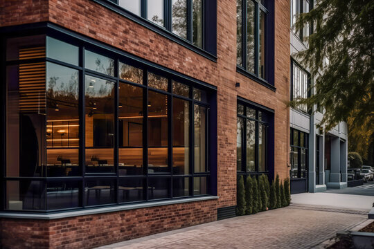 Fototapeta Modern Restaurant Facade with Red Brick Accents and dark glass windows