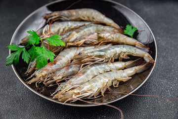 prawn raw shrimp fresh seafood eating cooking meal food snack on the table copy space food background rustic top view