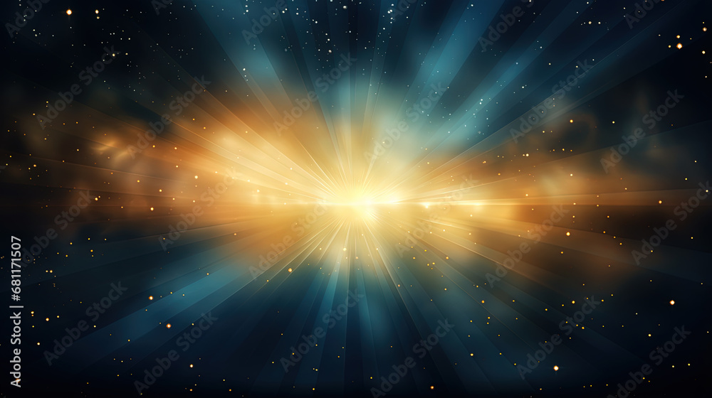 Poster abstract backgound with blue and orange light rays. god rays or light burst with bokeh.