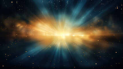 Abstract backgound with blue and orange light rays. God rays or light burst with bokeh.