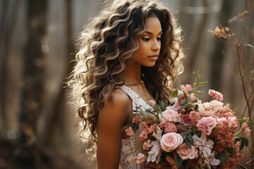 African bride on the background of nature holding a luxurious boho bouquet