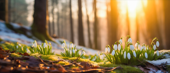Snowdrops in sunlight, melting snow. Copy space on blurred background
