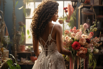 Naklejka premium African bride with boho fine art bouquet at home