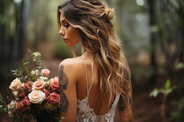 Caucasian bride on the background of nature holding a luxurious boho bouquet
