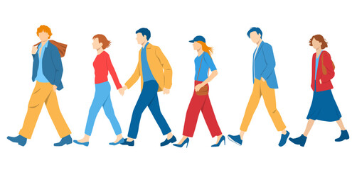  Set of young men and women, different colors, cartoon character, group of silhouettes of walking business people, profile, students,  design concept of flat icon, isolated on white background