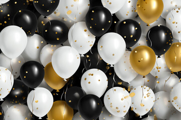 black and gold helium air balloons on white background, celebrate, party.