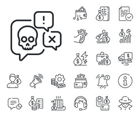 Ransomware threat sign. Cash money, loan and mortgage outline icons. Cyber attack line icon. Hacker skull chat symbol. Cyber attack line sign. Credit card, crypto wallet icon. Vector