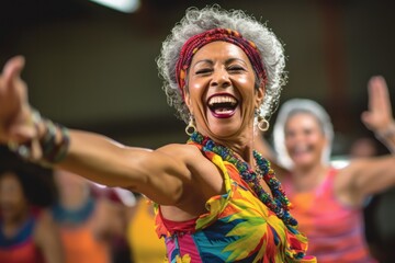 Group of smiling senior people dancing while enjoying activities in retirement home - concept