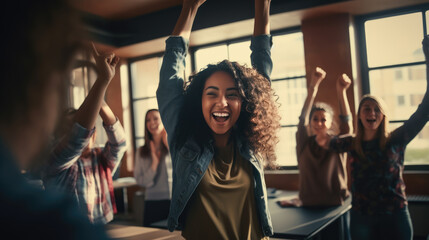 Group of professionals in an office setting, celebrating a success with raised arms and joyful expressions, indicating a sense of teamwork and achievement. - obrazy, fototapety, plakaty