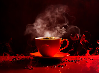Valentine Cup of Coffee with a smoke in heart shape, Red background, Romance background 