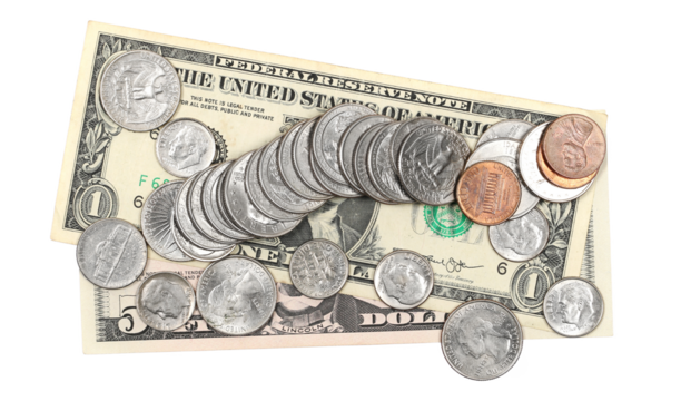 Dollar bills and metal money, coin isolated on white, top view