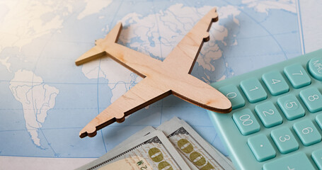 Calculation of the cost of rest or emigration, air flight. Travel background. Traveler, tourist...