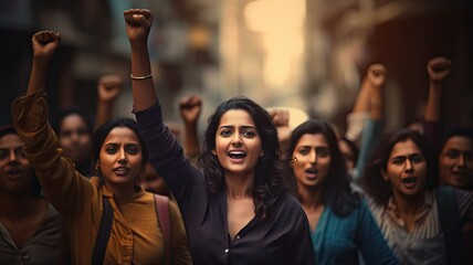 Women's Day. Group of united Indian women claiming their power in the streets Generative AI - obrazy, fototapety, plakaty