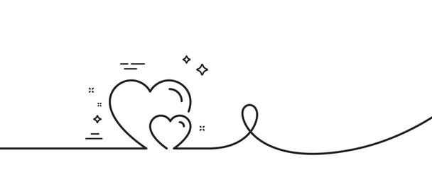 Couple Love line icon. Continuous one line with curl. Two Hearts sign. Valentines day symbol. Hearts single outline ribbon. Loop curve pattern. Vector